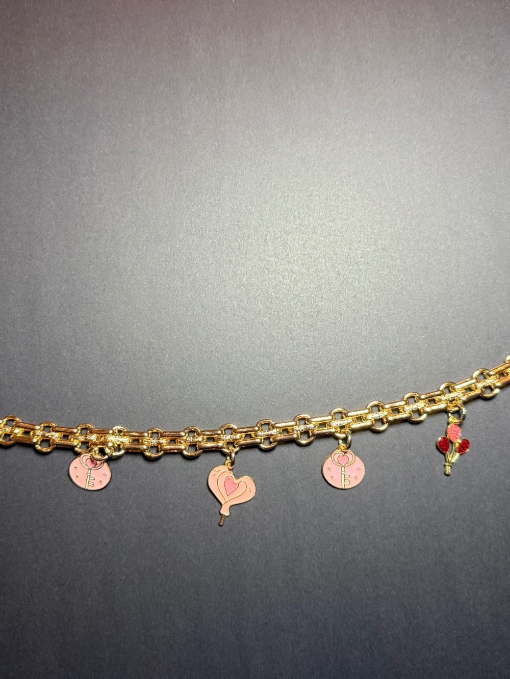 Gold Tone Cable Chain Charm Bracelet, Enamel Pink Dangle heart Charms